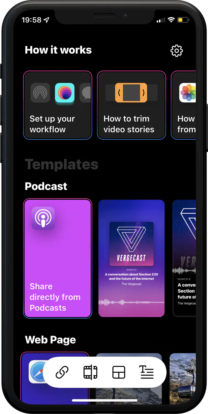 The to Stories app open on an iPhone, designing an Instagram Story