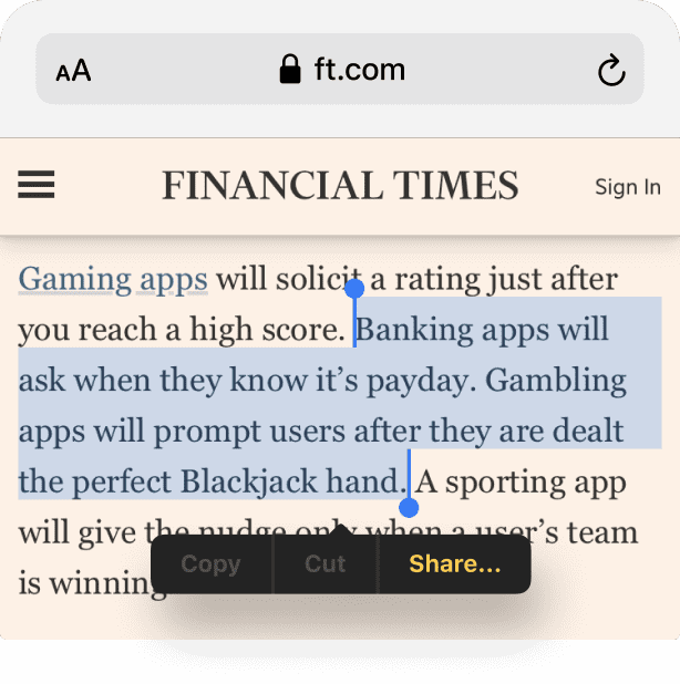 Selecting a block of text on a web page to share