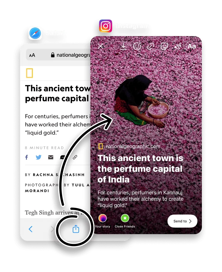 A web page shared as an Instagram Story card