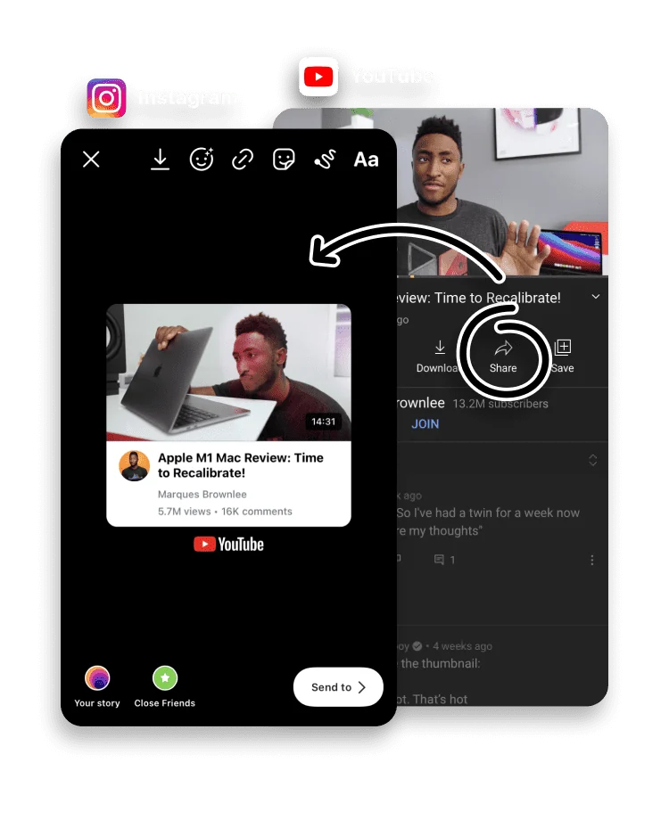 A YouTube video shared as an Instagram Story card